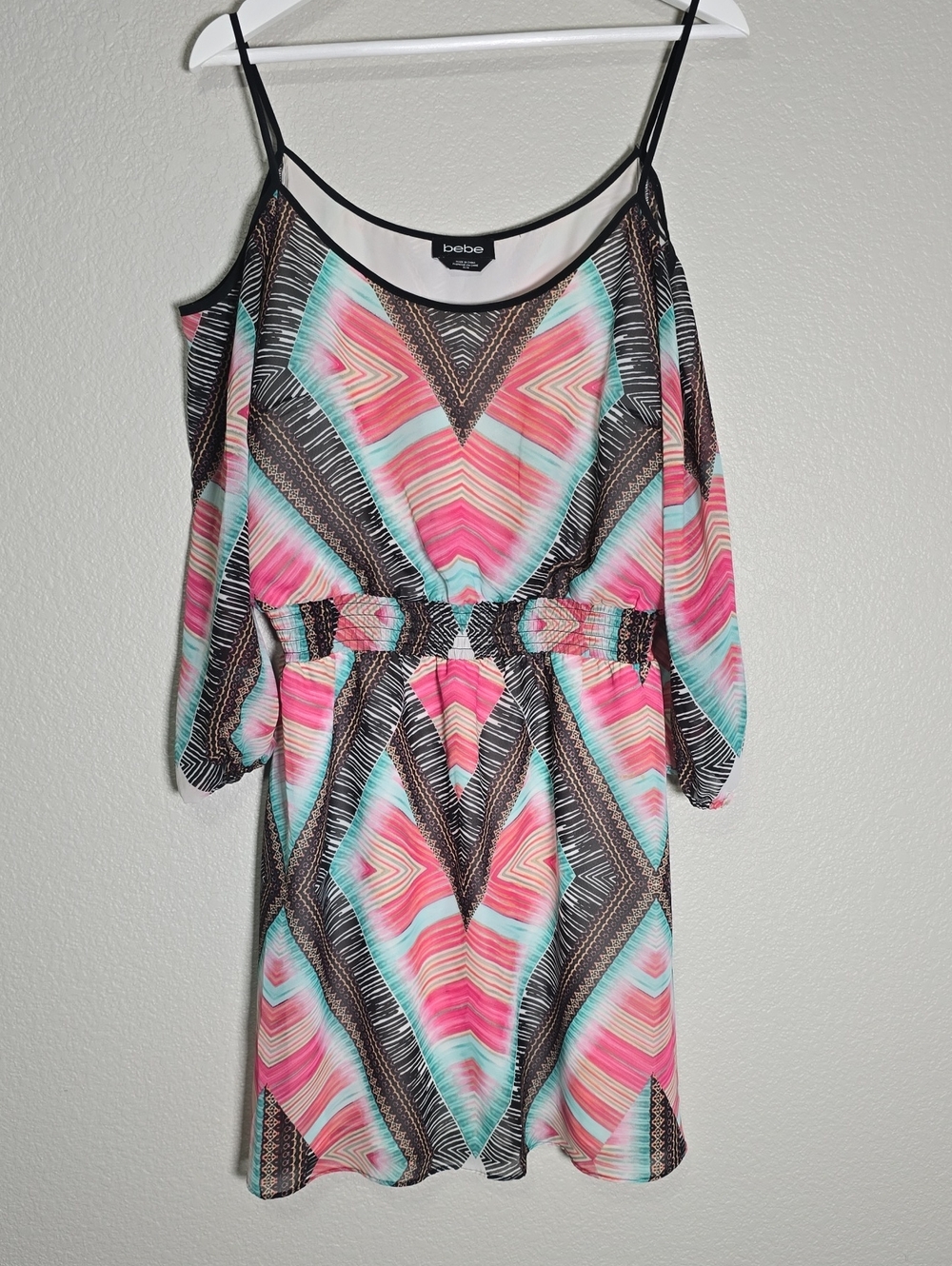 bebe Pink & Aqua Geometric Cold-Shoulder Dress